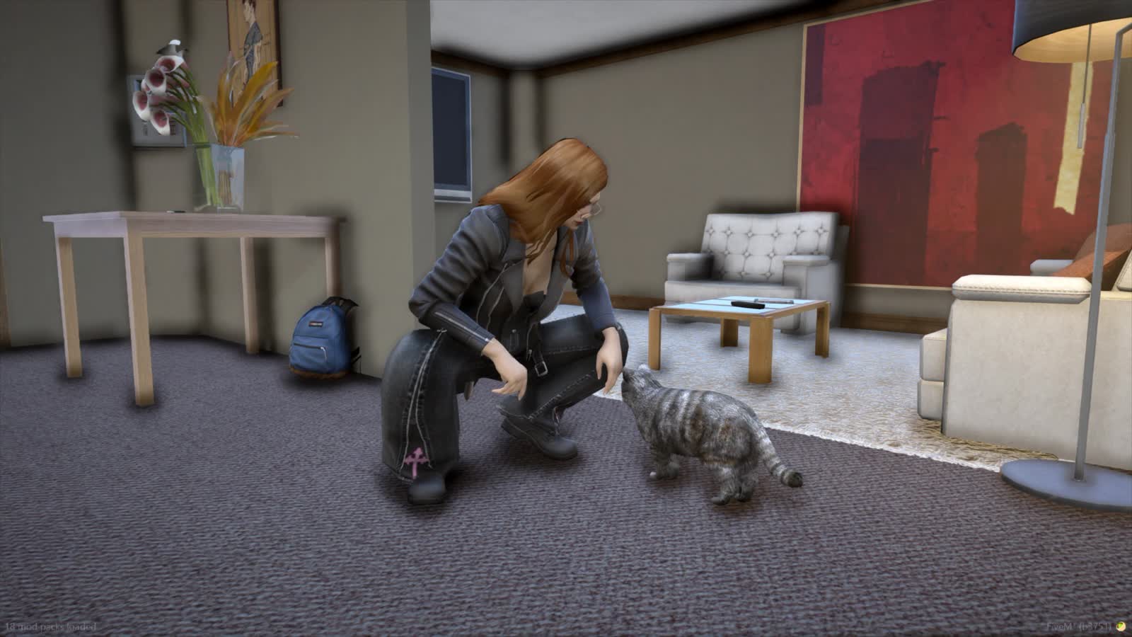 A character crouching to greet a cat in a furnished apartment
