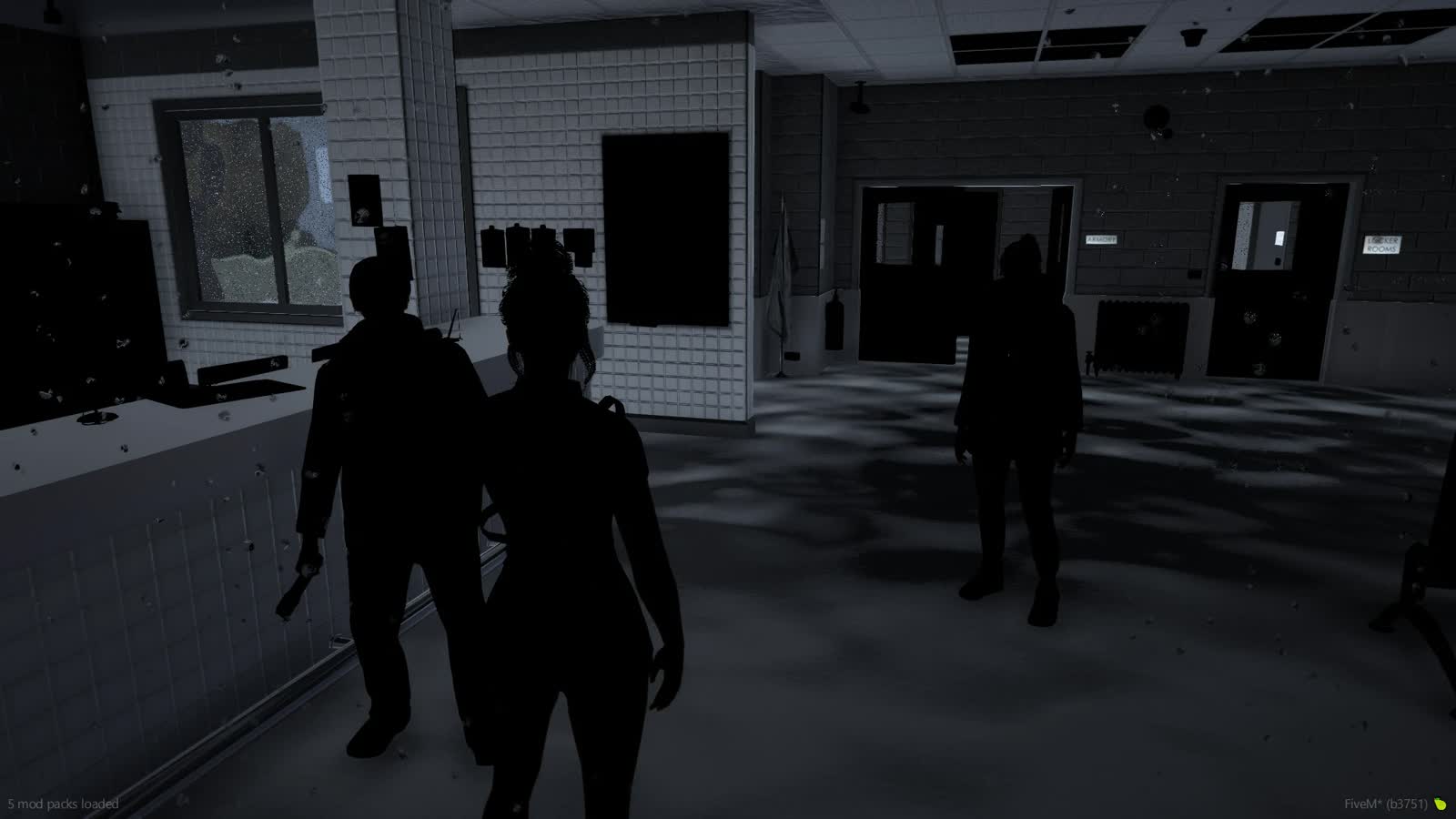 A police station lobby in near total darkness during a power cut