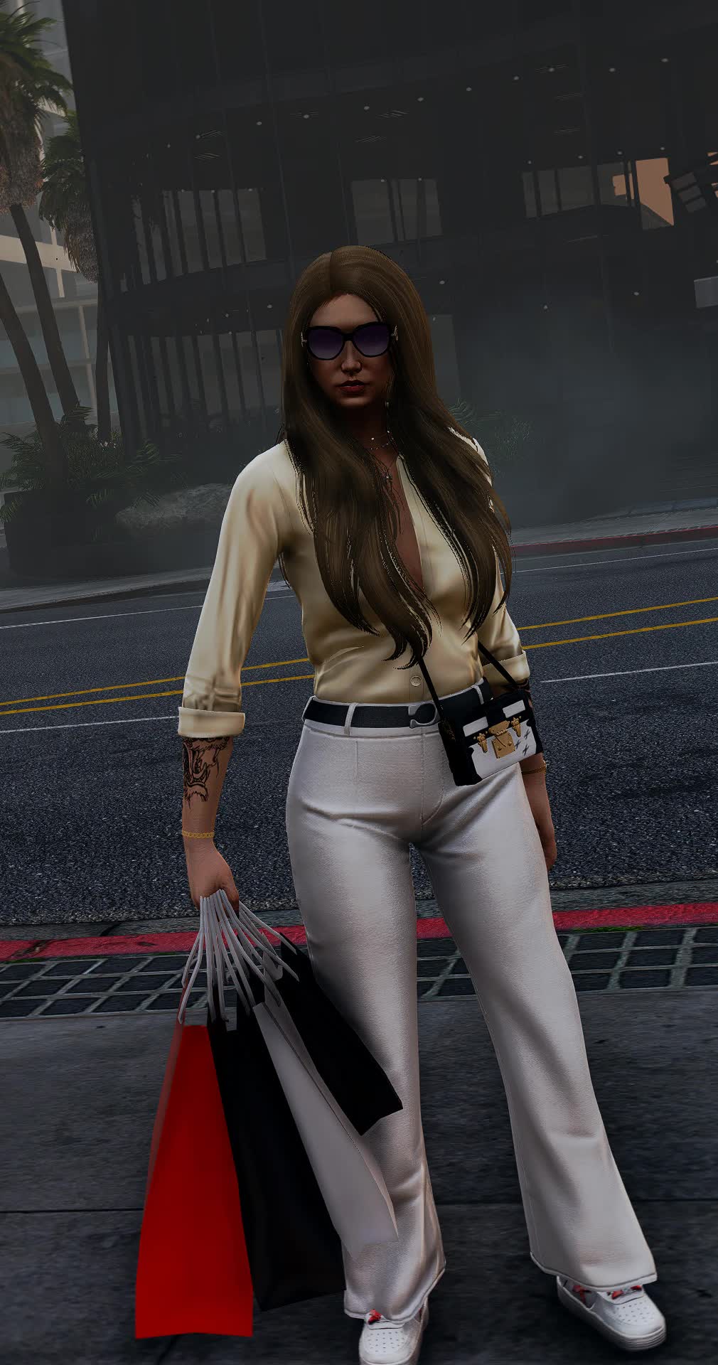 A character carrying shopping bags on a downtown street