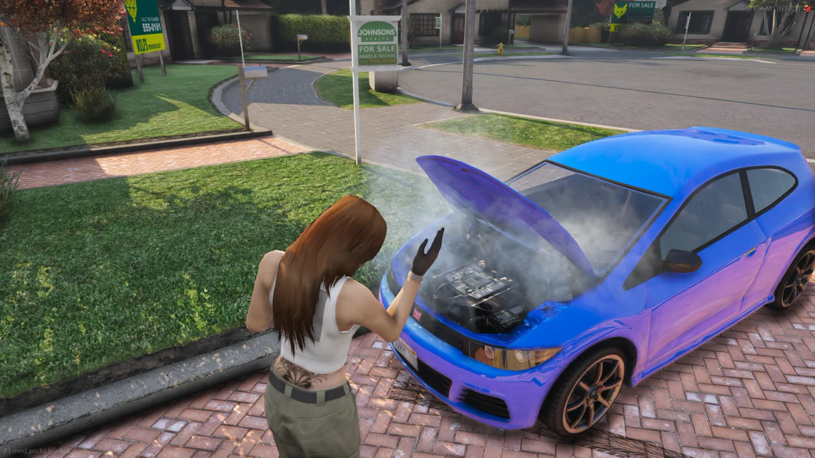 A character standing at the open bonnet of a steaming blue car on a suburban street