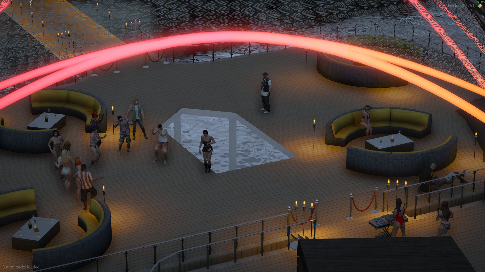 An overhead view of a crowded pier dance floor lit by red neon arches, with booths and torches around the edge