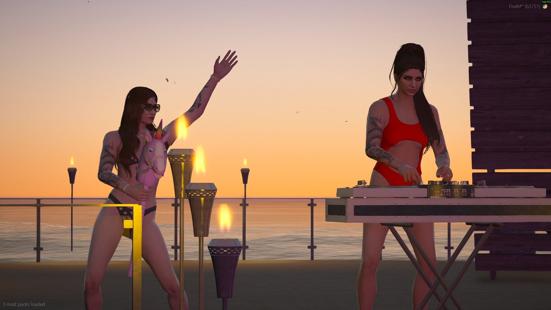 A DJ playing a set on a pier deck at sunset while another character dances beside a torch
