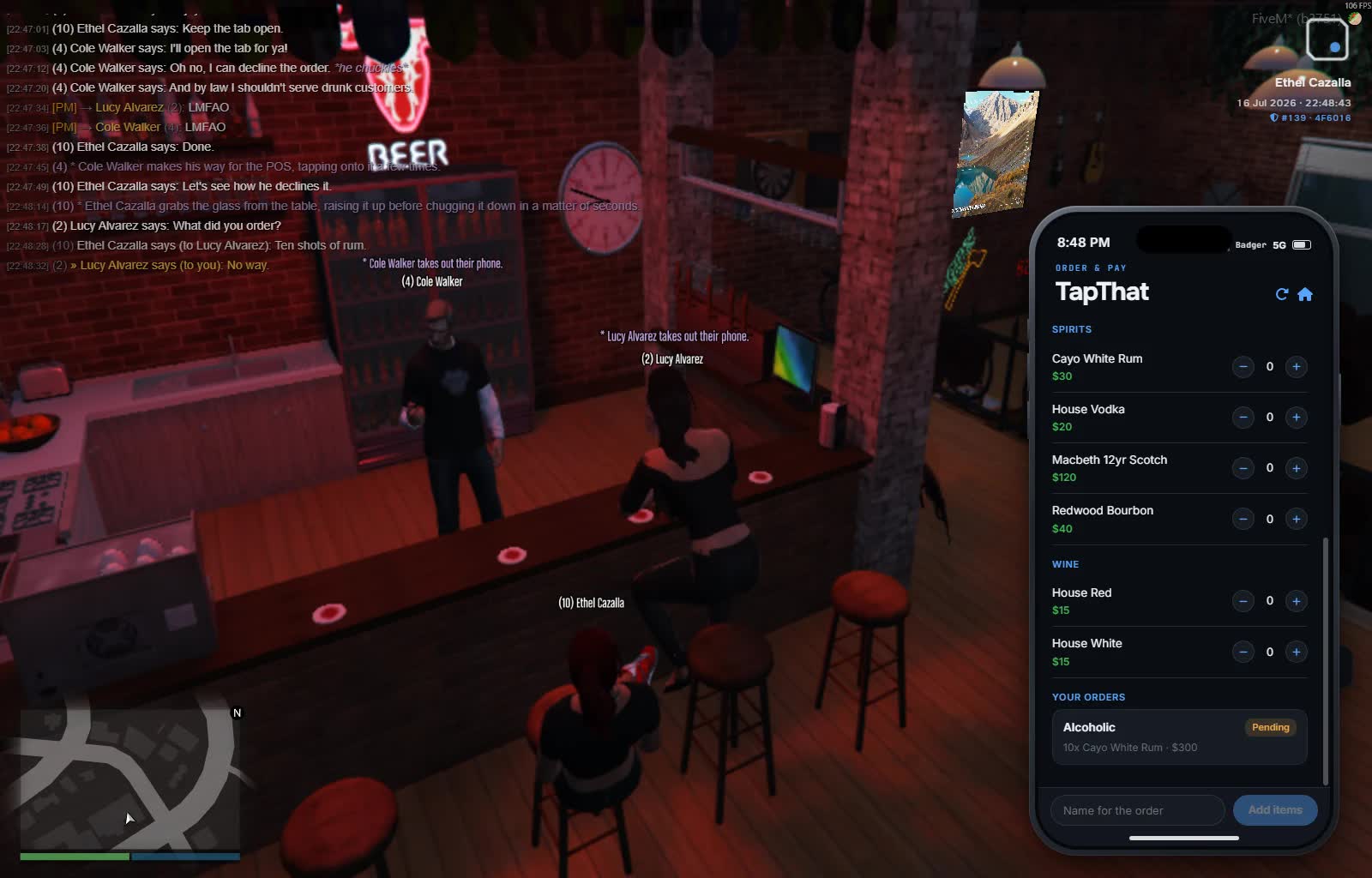 A bar with the in-game phone open on the TapThat ordering app showing a drinks order