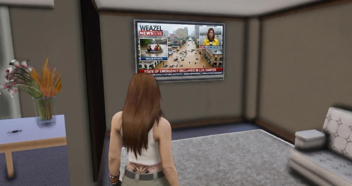 A character watching Weazel News coverage of the flood on an apartment television