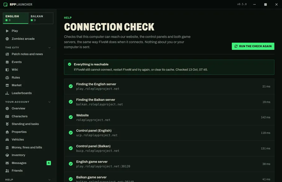 The connection check: the English and Balkan servers, the website and both control panels all reachable, with response times
