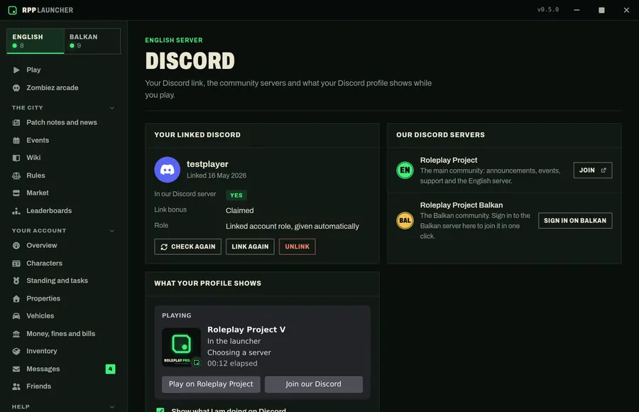 The Discord screen: the linked Discord account, the English and Balkan Discord servers, and a preview of the Rich Presence shown on your Discord profile