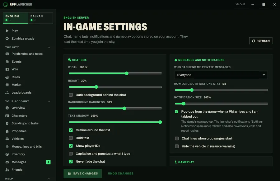 In-game settings: chat box width and height, background and text options, who can send you private messages and how long notifications stay