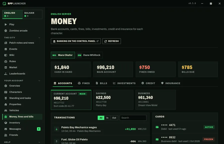 The Money screen: cash, bank accounts, fines and bills for a character, with recent transactions and cards