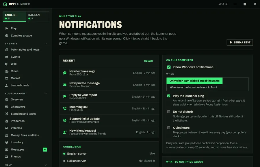 The Notifications screen: recent texts, private messages, a report reply, a call and a ticket update, beside settings for when Windows notifications appear, the ping, Do not disturb and quiet hours