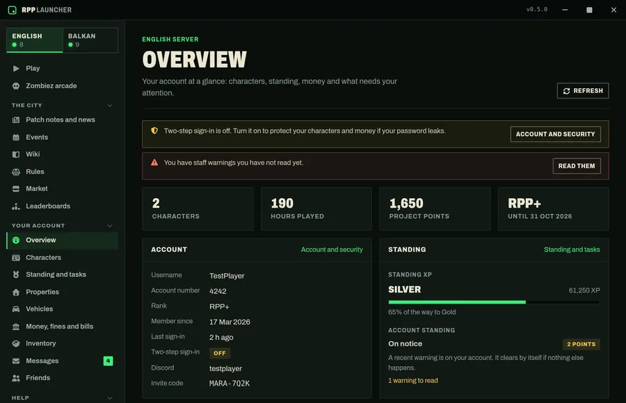 The account overview: characters, hours played, Project Points, RPP+ status, account details and standing