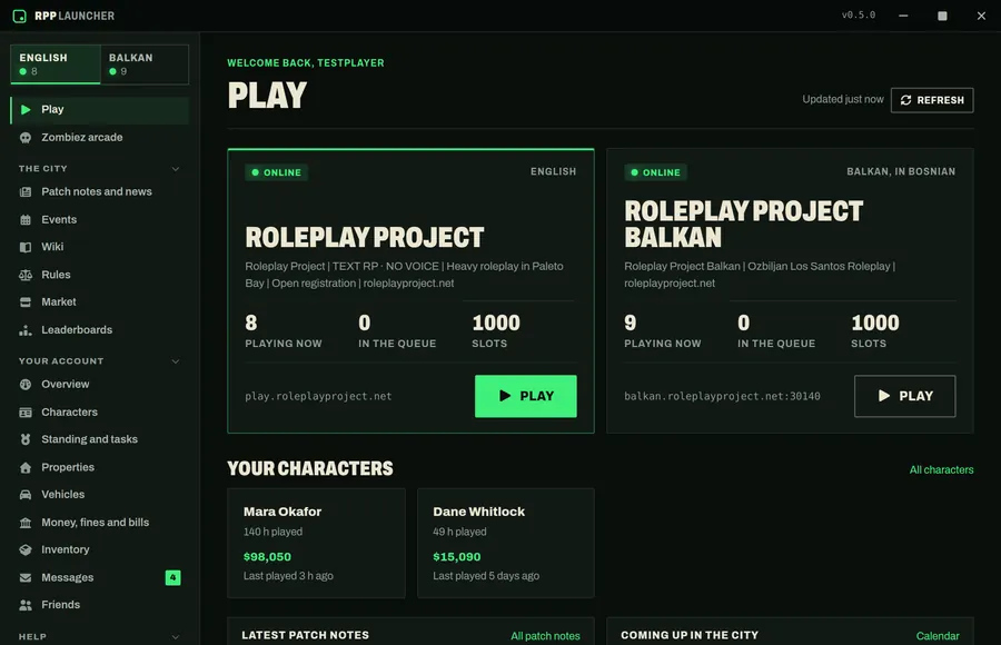 The RPP Launcher's Play screen: the English and Balkan servers side by side with players online, queue and slots, a Play button for each, and two characters underneath