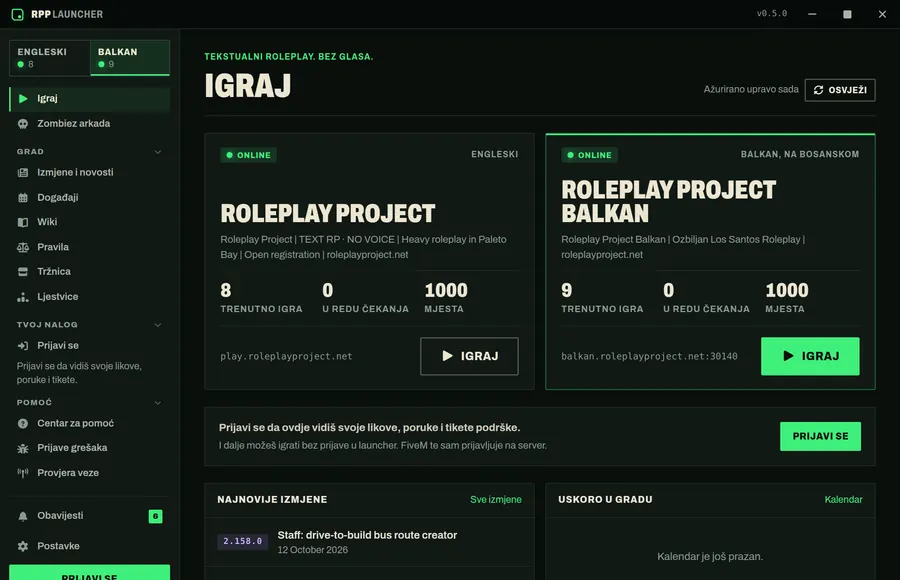 The Play screen in Bosnian, with both servers and their Igraj (Play) buttons