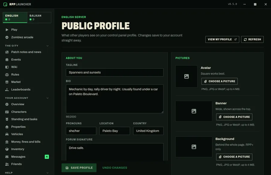 Editing the public profile in the launcher: tagline, bio, pronouns, location, forum signature, and avatar, banner and background pictures