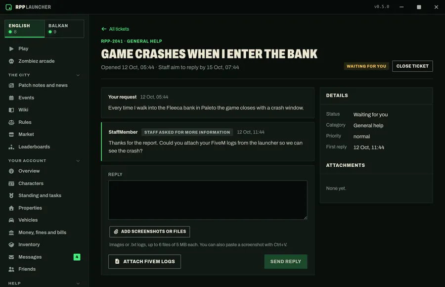 A support ticket with a staff reply asking for more information, a reply box, and buttons to add screenshots and attach FiveM logs