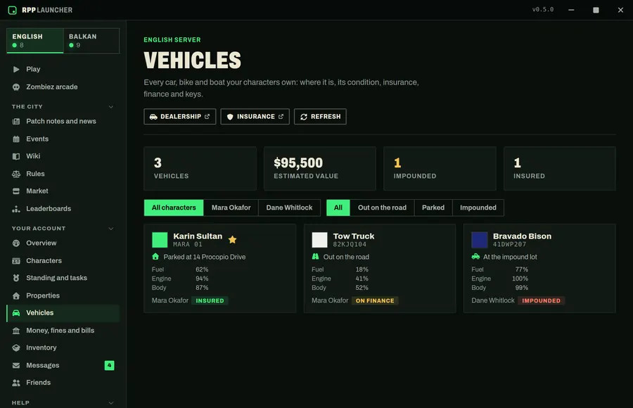 The Vehicles screen: three vehicles with where each is parked, fuel, engine and body condition, insurance and finance